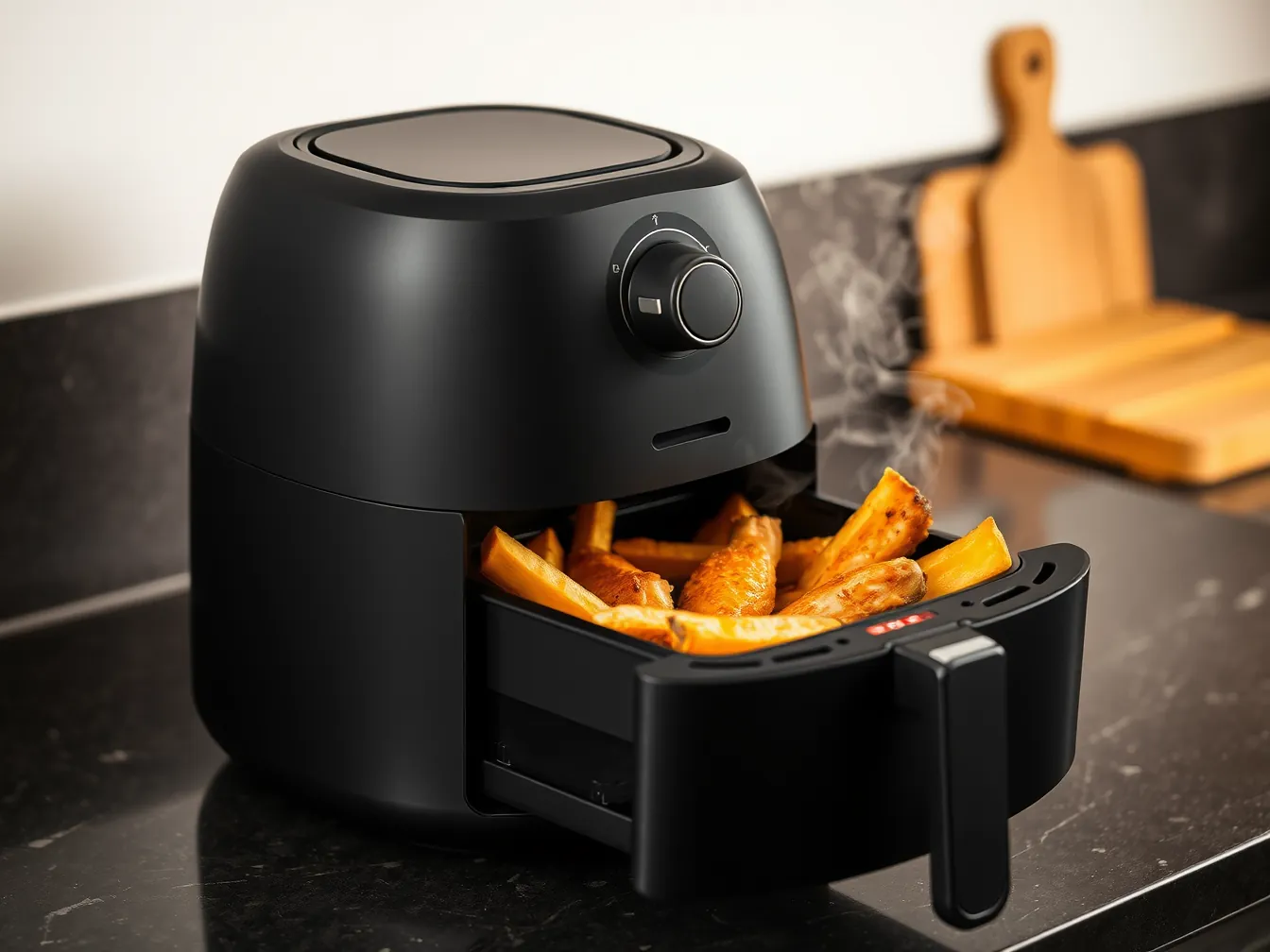 Illustration of a black basket air fryer with its drawer open, holding golden fries