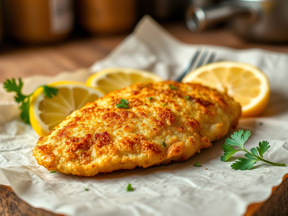 Illustration of a golden breaded chicken cutlet with lemon