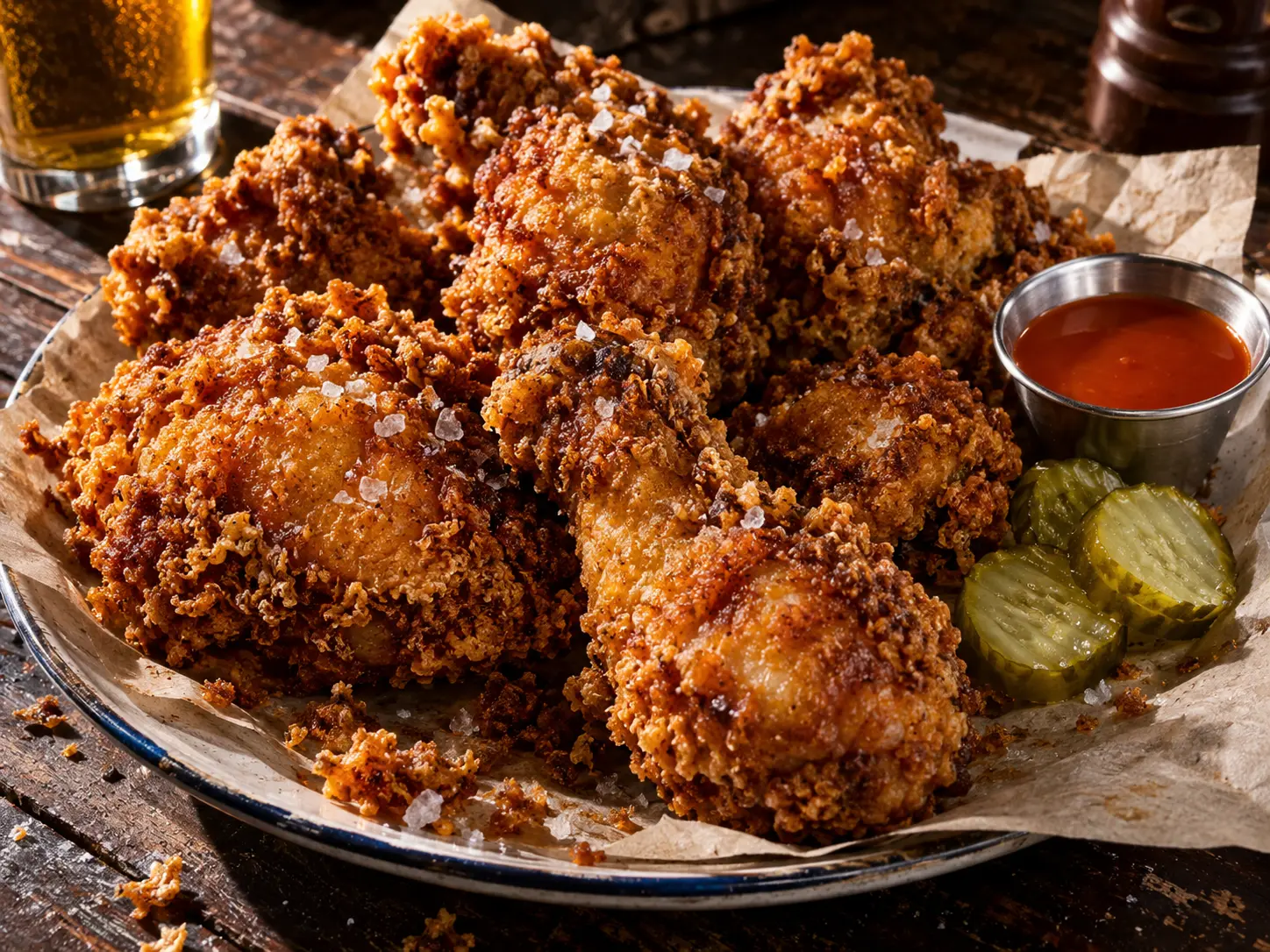 A heap of craggy golden fried chicken with pickles and hot sauce