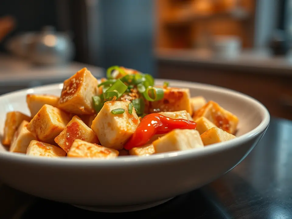 Illustration of crisp tofu with chili and scallions