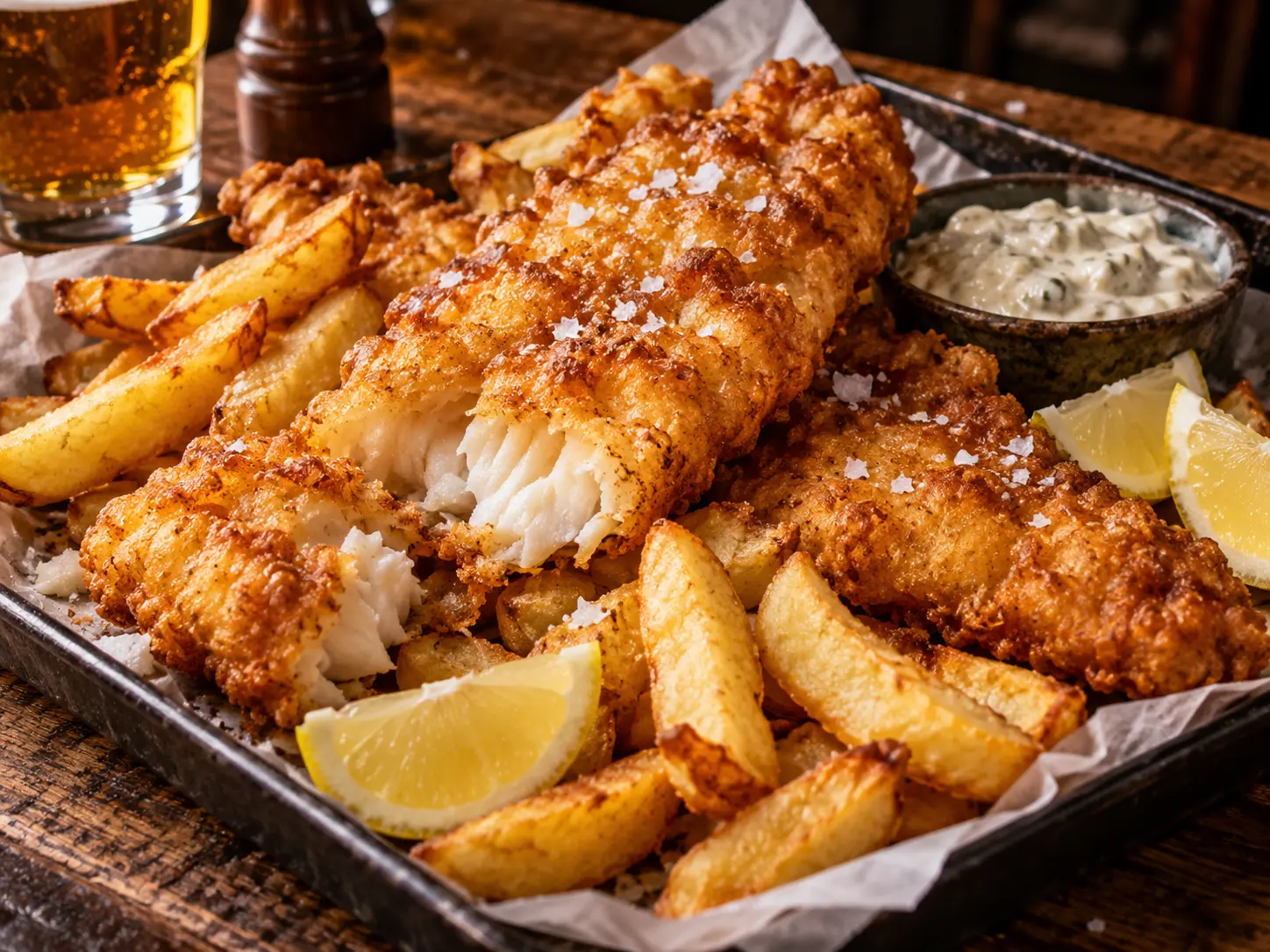 A generous tray of golden battered fish and thick chips with lemon and tartar sauce
