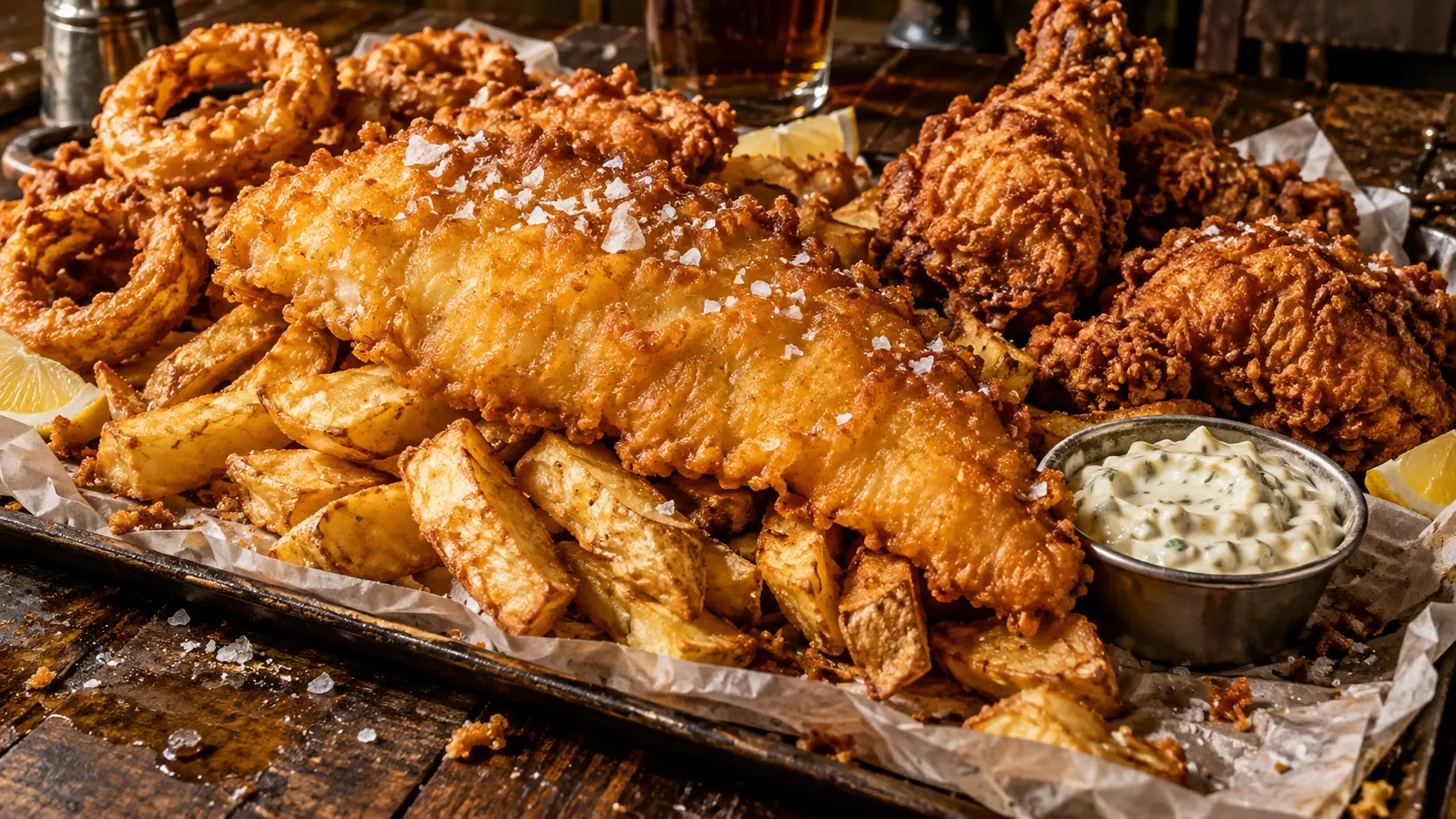 A generous tray of battered fish, chips, onion rings, fried chicken and tartar sauce on a pub table