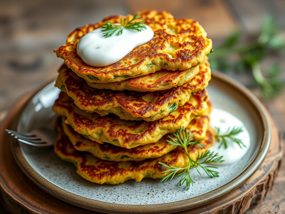 Illustration of golden zucchini fritters with dill